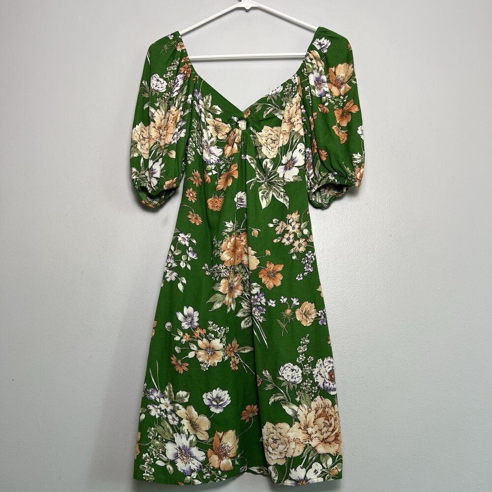 NWT Sim & Sam Dress Linen Blend Floral Sz S Ruffled Babydoll Vacation Green Boho